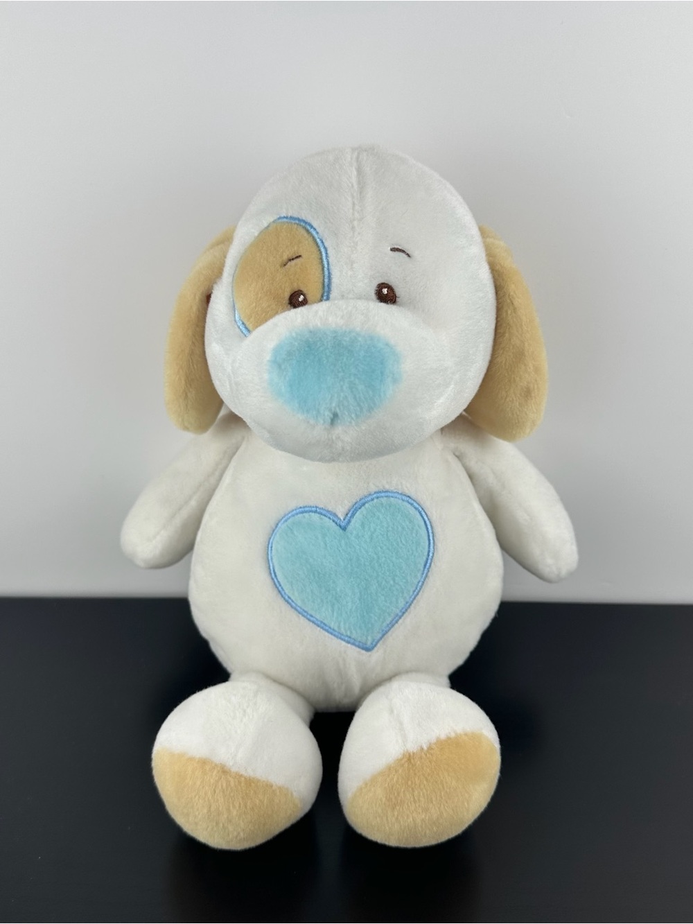 Baby Ganz RARE Puppy Love Dog 13” BG3314 White Beige Plush Blue Heart Rattle